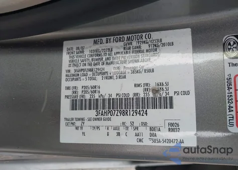 2008 Ford Fusion Se from USA, damaged, VIN 3FAHP07Z98R129424